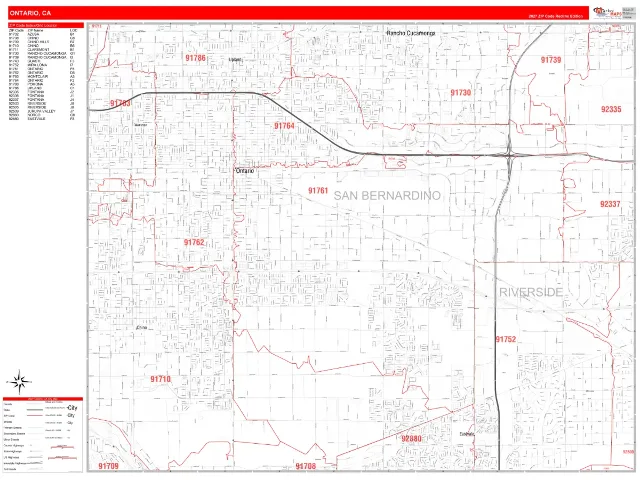 Ontario, CA ZIP Code Wall Map, RedLine style