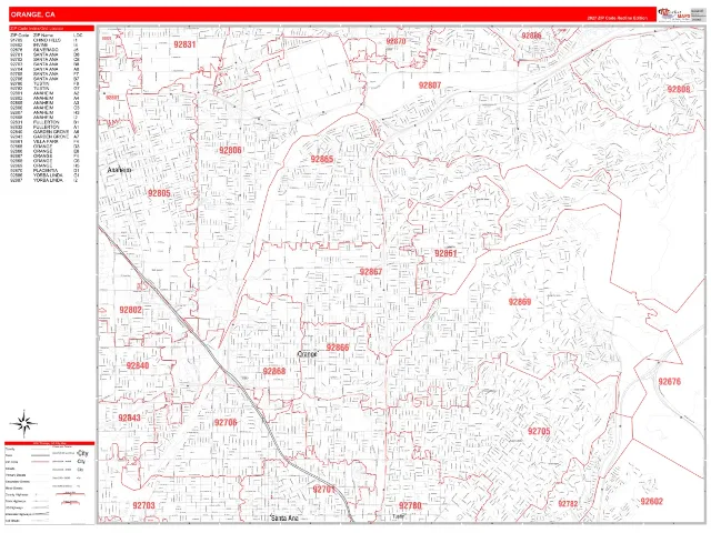 Orange, CA ZIP Code Wall Map, RedLine style