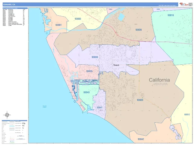 Oxnard, CA ZIP Code Wall Map, ColorCast style