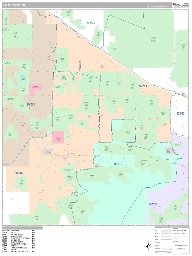Palm Desert, CA ZIP Code Wall Map, Classic style