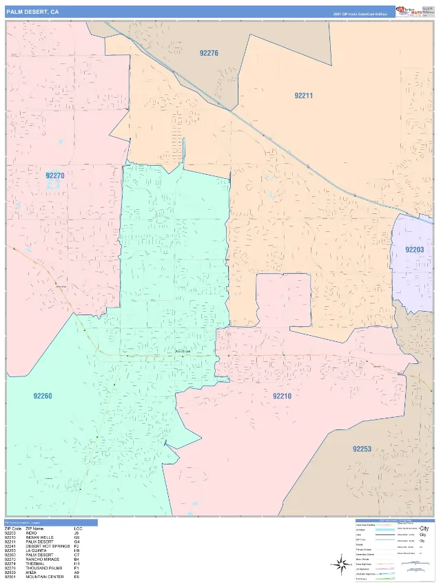 Palm Desert, CA ZIP Code Wall Map, ColorCast style