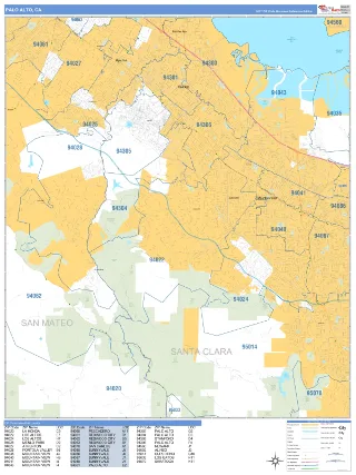Palo Alto, CA Business Reference style ZIP Code wall map