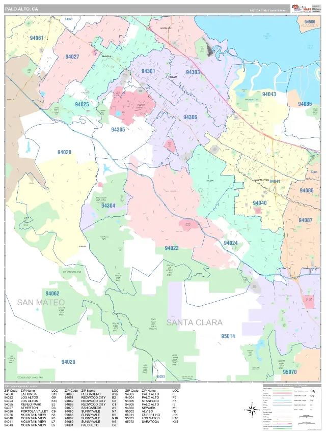 Palo Alto, CA ZIP Code Wall Map, Classic style