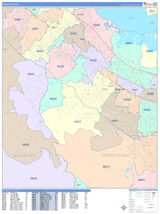 Palo Alto, CA ColorCast style ZIP Code wall map