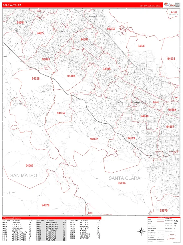 Palo Alto, CA ZIP Code Wall Map, RedLine style