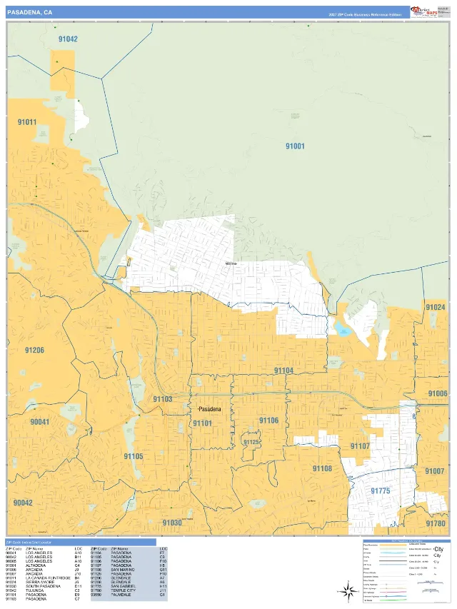 Pasadena, CA ZIP Code Wall Map, Business Reference style
