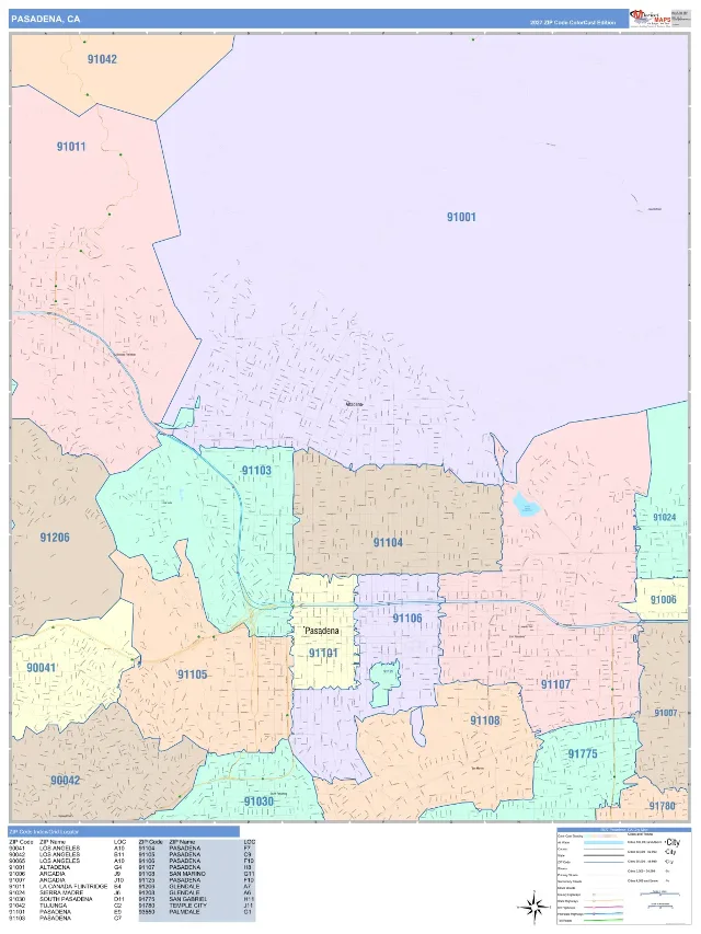 Pasadena, CA ZIP Code Wall Map, ColorCast style