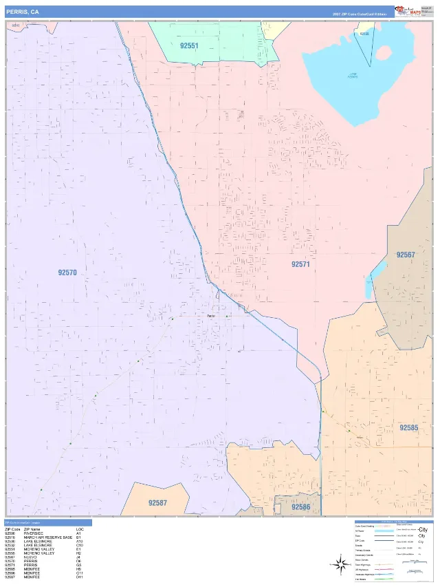 Perris, CA ZIP Code Wall Map, ColorCast style