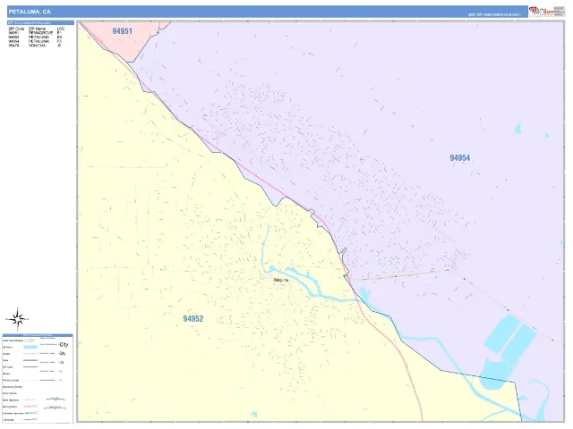 Petaluma, CA ZIP Code Wall Map, ColorCast style