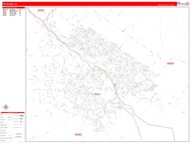 Petaluma, CA ZIP Code Wall Map, RedLine style