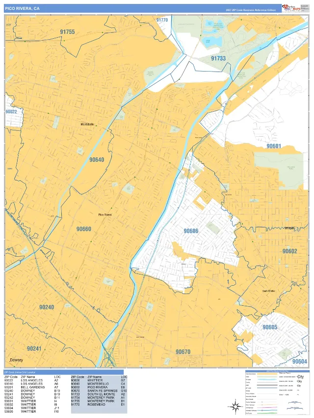 Pico Rivera, CA ZIP Code Wall Map, Business Reference style