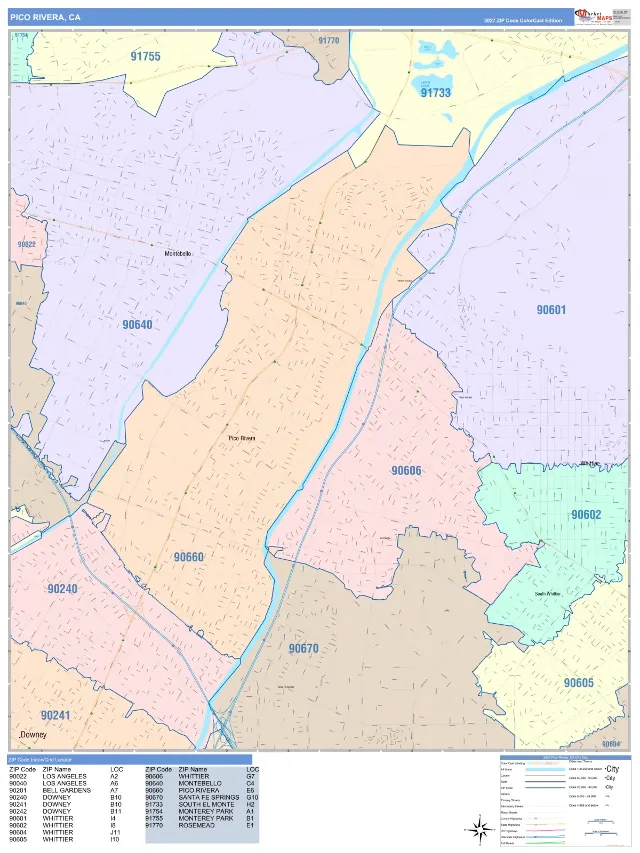 Pico Rivera, CA ZIP Code Wall Map, ColorCast style