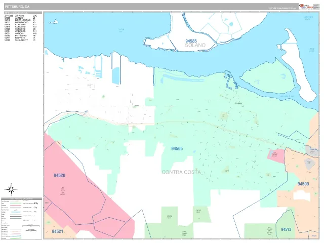 Pittsburg, CA ZIP Code Wall Map, Classic style