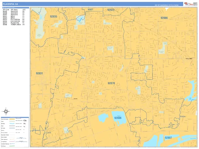 Placentia, CA ZIP Code Wall Map, Business Reference style