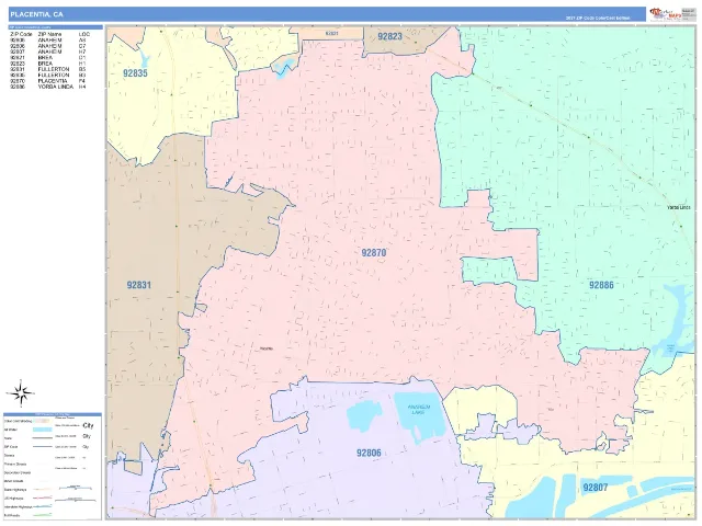 Placentia, CA ZIP Code Wall Map, ColorCast style