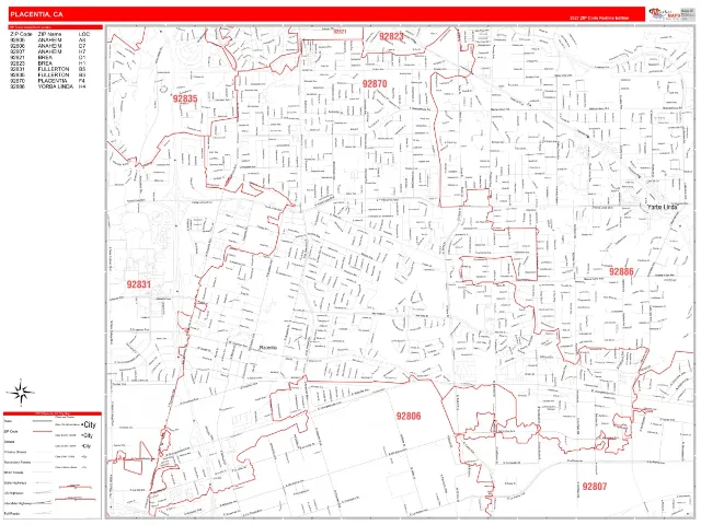Placentia, CA ZIP Code Wall Map, RedLine style