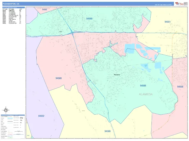Pleasanton, CA ZIP Code Wall Map, ColorCast style