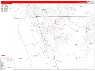 Pleasanton, CA RedLine style ZIP Code wall map