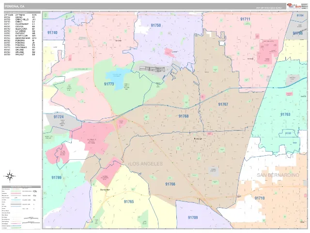 Pomona, CA ZIP Code Wall Map, Classic style