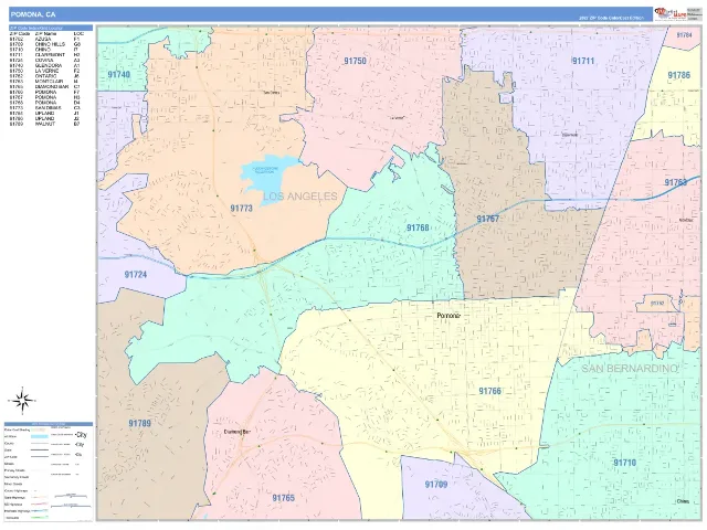 Pomona, CA ZIP Code Wall Map, ColorCast style