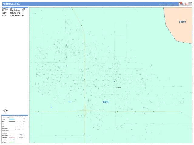 Porterville, CA ZIP Code Wall Map, ColorCast style