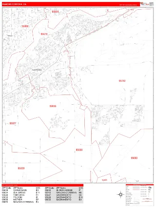 Rancho Cordova, CA RedLine style ZIP Code wall map