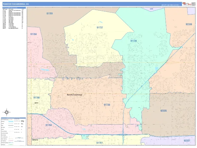 Rancho Cucamonga, CA ZIP Code Wall Map, ColorCast style