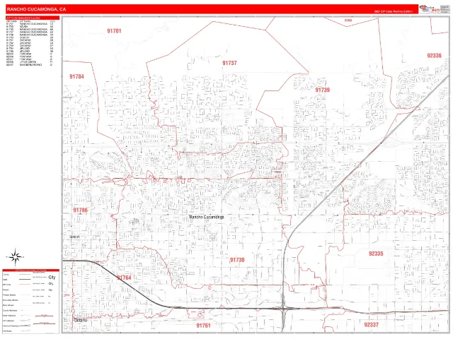 Rancho Cucamonga, CA ZIP Code Wall Map, RedLine style