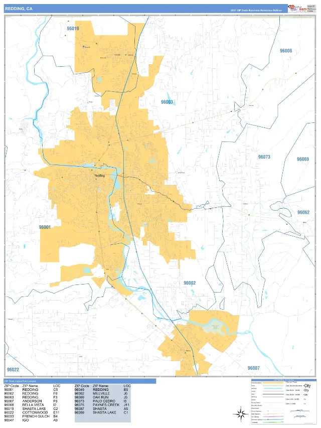 Redding, CA ZIP Code Wall Map, Business Reference style
