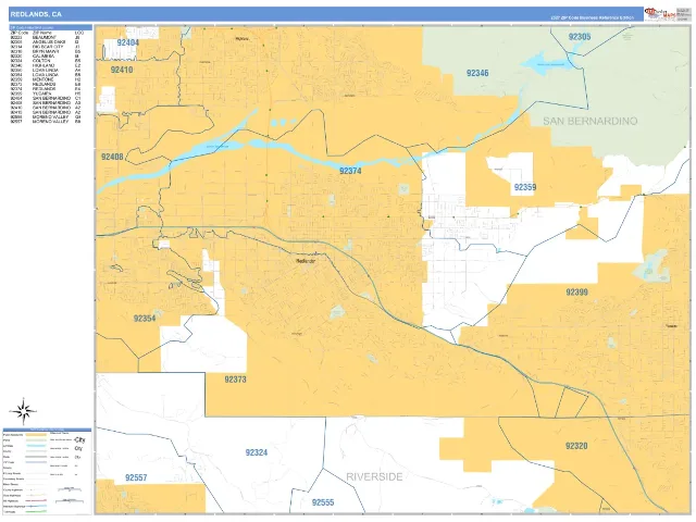 Redlands, CA ZIP Code Wall Map, Business Reference style