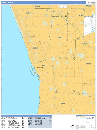 Redondo Beach, CA Business Reference style ZIP Code wall map