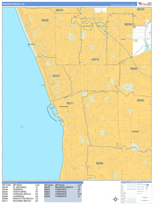 Redondo Beach, CA ZIP Code Wall Map, Business Reference style