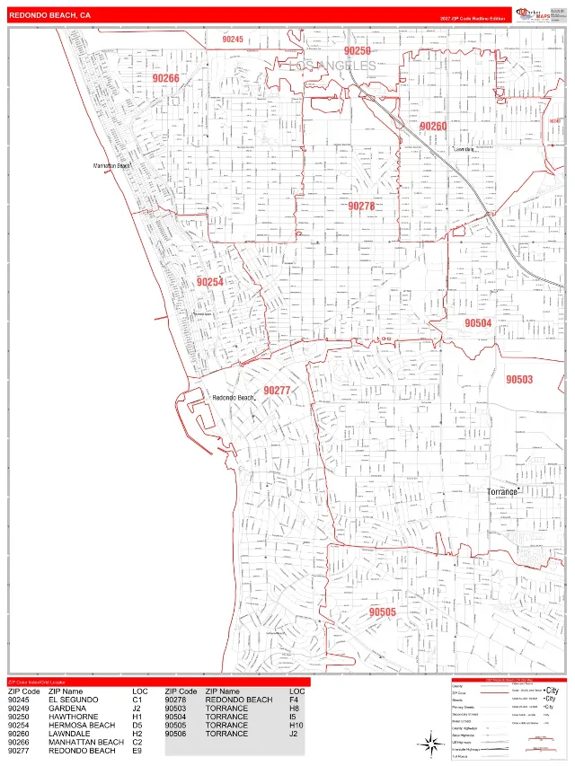 Redondo Beach, CA ZIP Code Wall Map, RedLine style