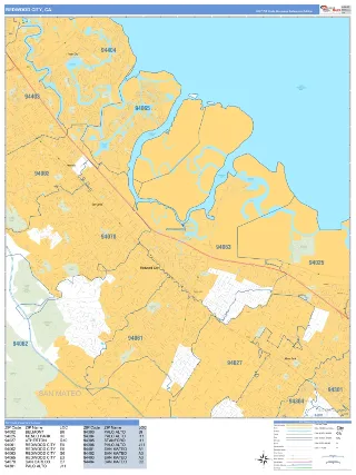 Redwood City, CA Business Reference style ZIP Code wall map