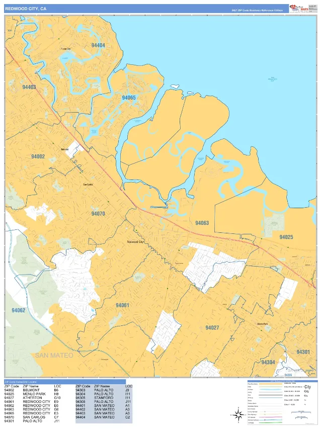 Redwood City, CA ZIP Code Wall Map, Business Reference style