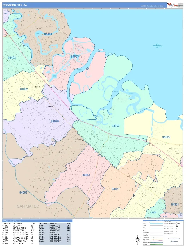 Redwood City, CA ZIP Code Wall Map, ColorCast style