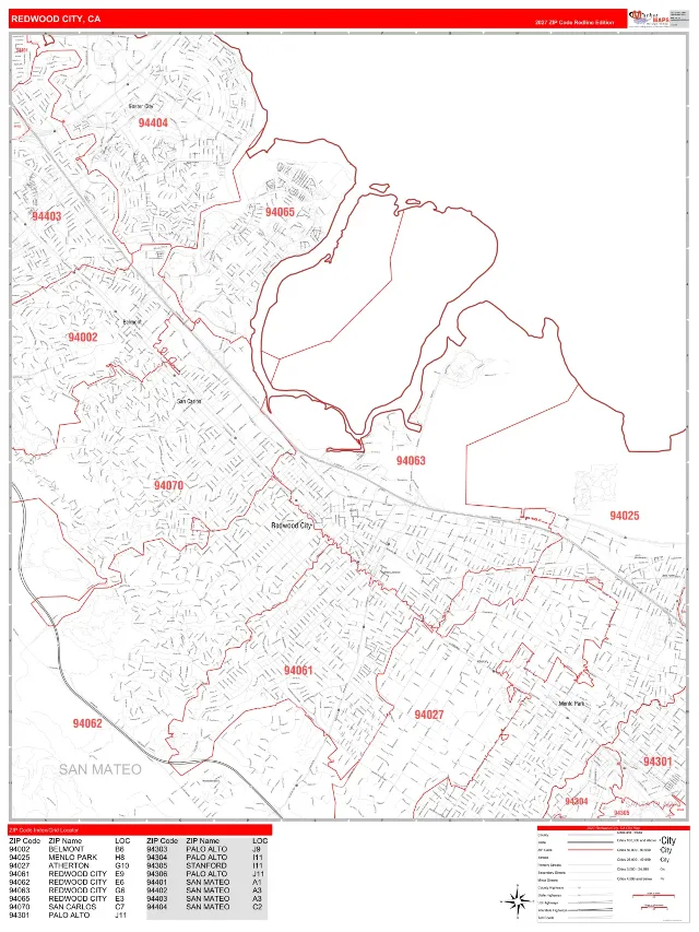 Redwood City, CA ZIP Code Wall Map, RedLine style