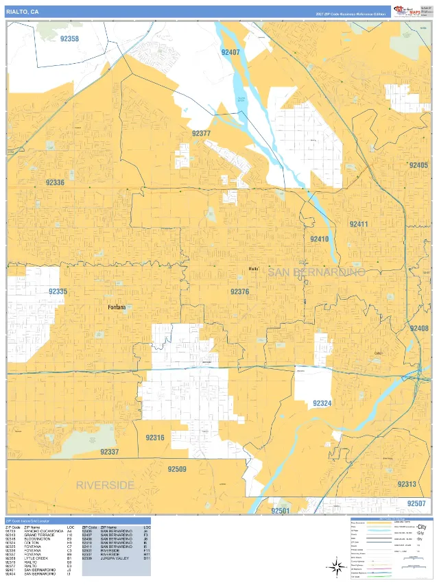 Rialto, CA ZIP Code Wall Map, Business Reference style