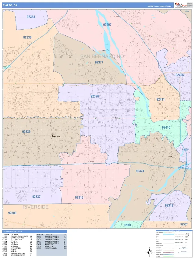 Rialto, CA ZIP Code Wall Map, ColorCast style