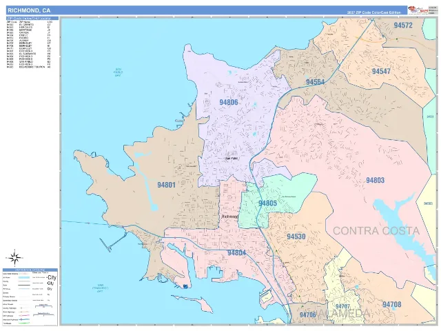 Richmond, CA ZIP Code Wall Map, ColorCast style