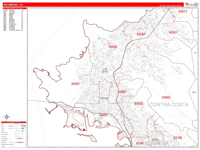 Richmond, CA ZIP Code Wall Map, RedLine style