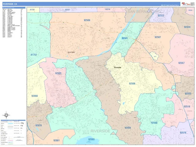 Riverside, CA ZIP Code Wall Map, ColorCast style