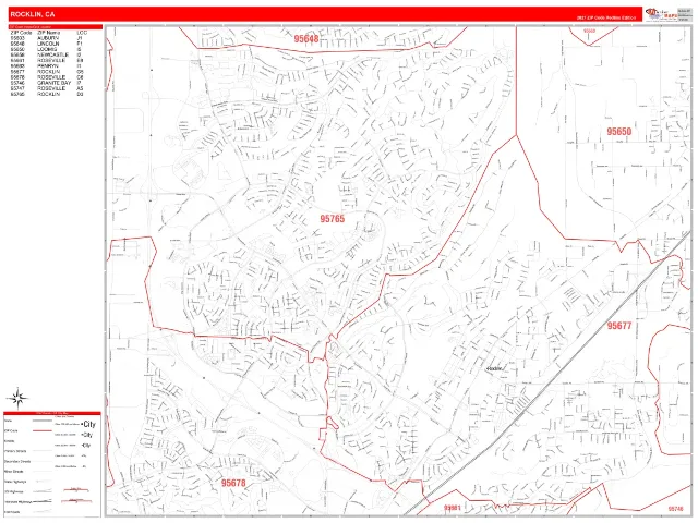 Rocklin, CA ZIP Code Wall Map, RedLine style