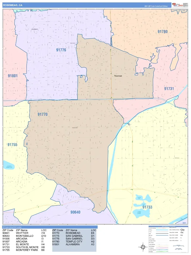 Rosemead, CA ZIP Code Wall Map, ColorCast style