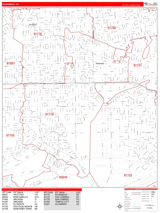 Rosemead, CA ZIP Code Wall Map, RedLine style