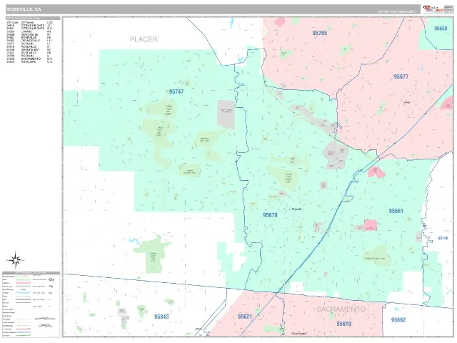 Roseville, CA ZIP Code Wall Map, Classic style