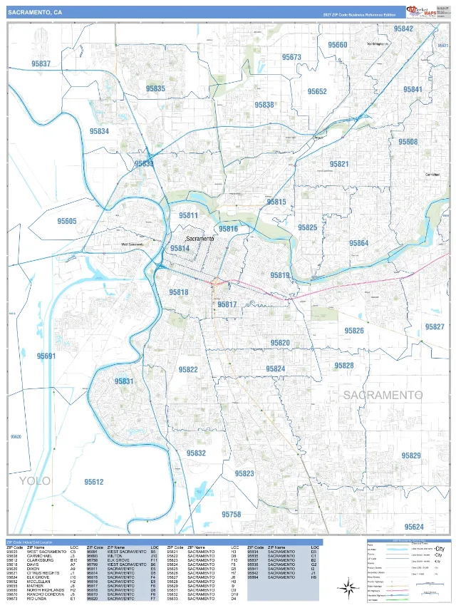 Sacramento, CA ZIP Code Wall Map, Business Reference style