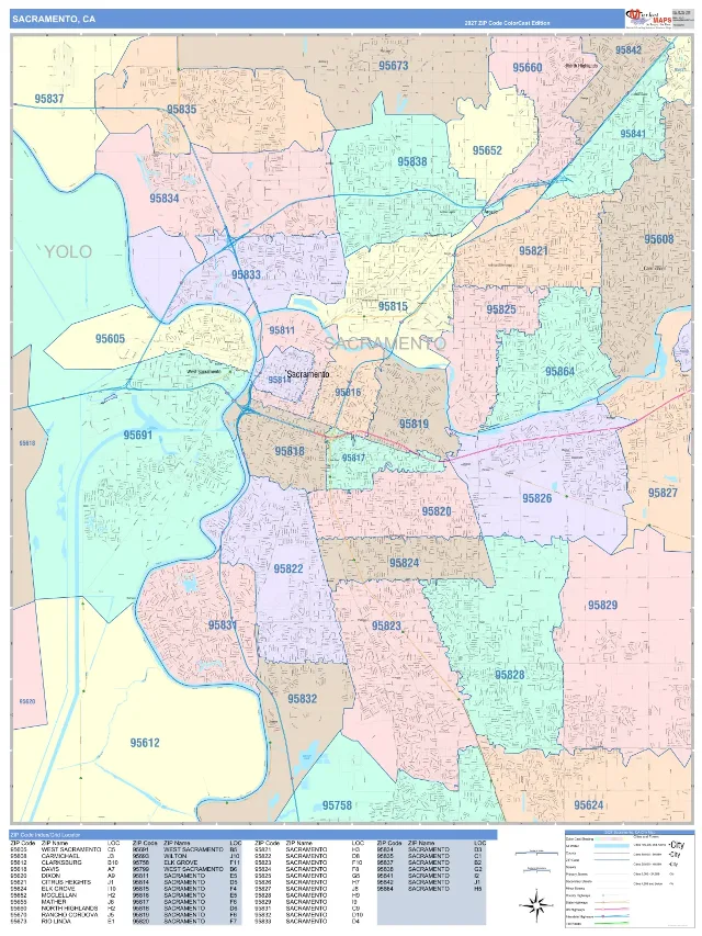 Sacramento, CA ZIP Code Wall Map, ColorCast style