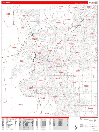 Sacramento, CA RedLine style ZIP Code wall map