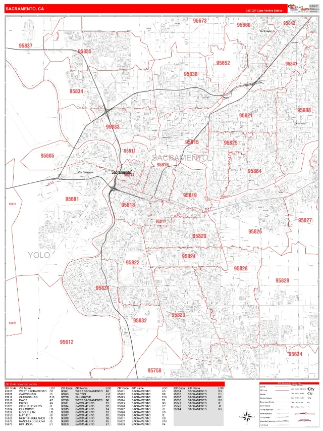 Sacramento, CA ZIP Code Wall Map, RedLine style